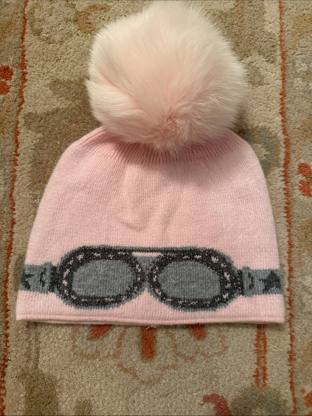 Kids Pink Pom Pom Beanie Hat with Goggles Design